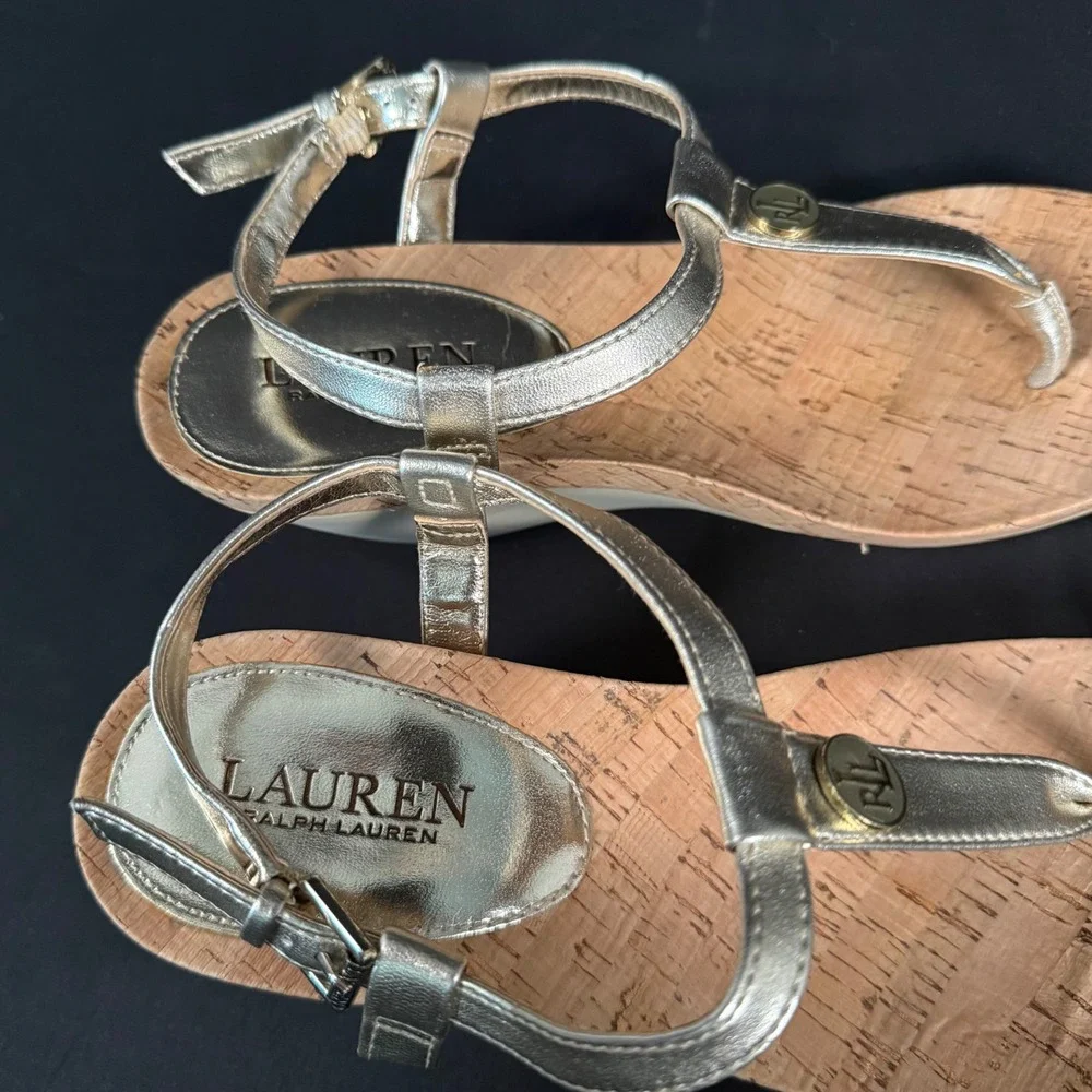 Lauren Ralph Lauren Reeta Cork Wedge Sandals Platino Silver Metallic Womens 8.5B
